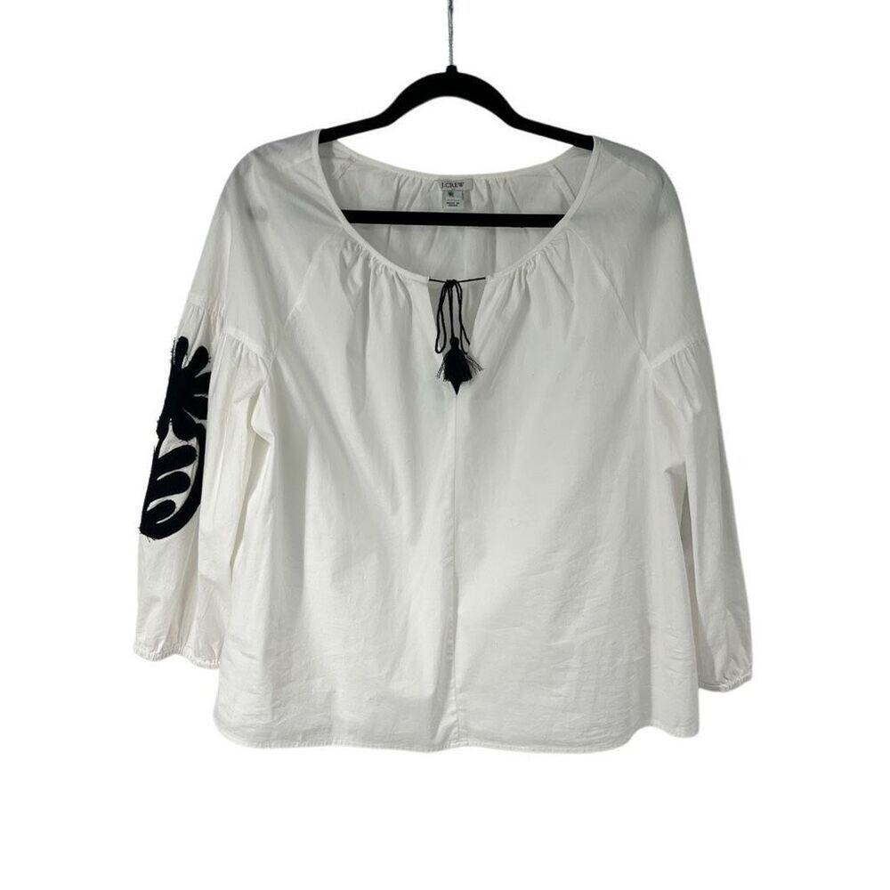 J. Crew‎ White Black Embroidered Sleeves Peasant Top Sz L